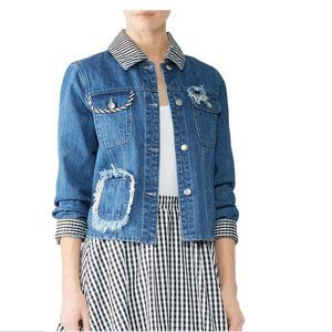 Samantha Sipos Jacket Women’s L Embroidered Girls Denim Blue Plaid Distressed